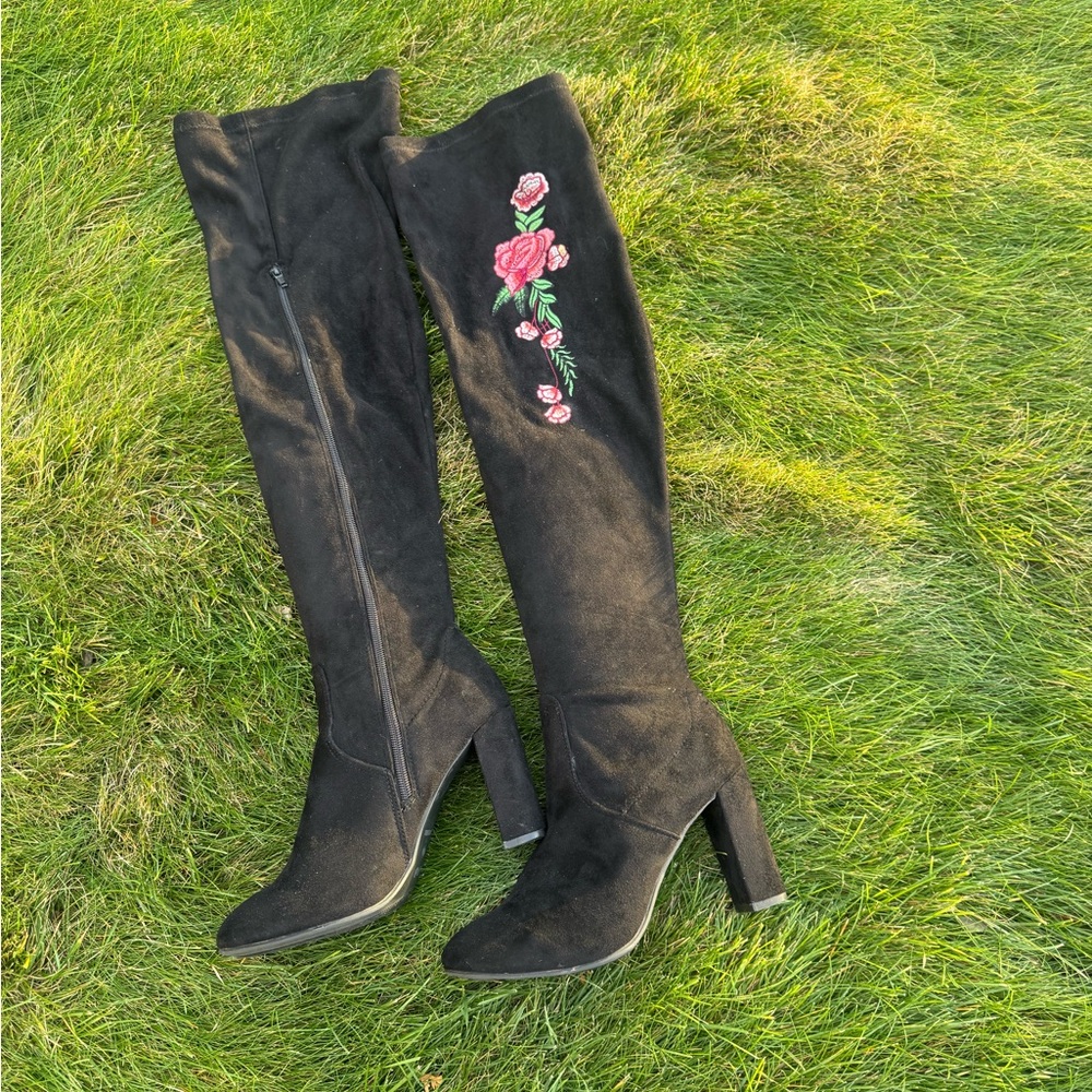 Madden Girl Black Floral Over the Knee Boots